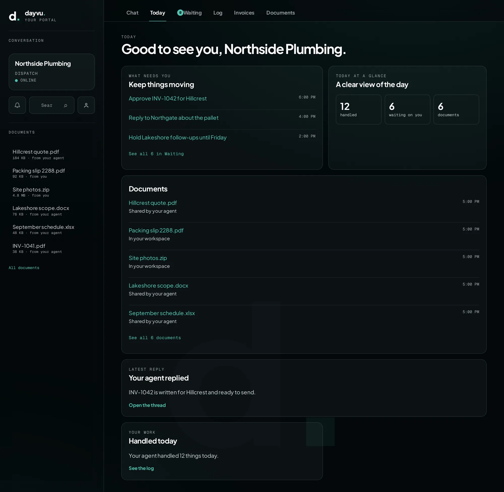 The portal's Today tab: what needs the owner's attention, the day's counts, the documents in the workspace and the day's activity.